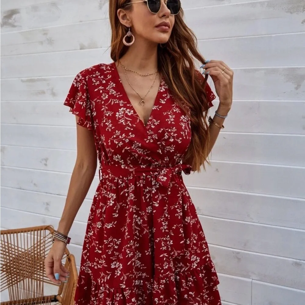 Red Floral Dress with Ruffle Sleeves - Picture 1 of 4